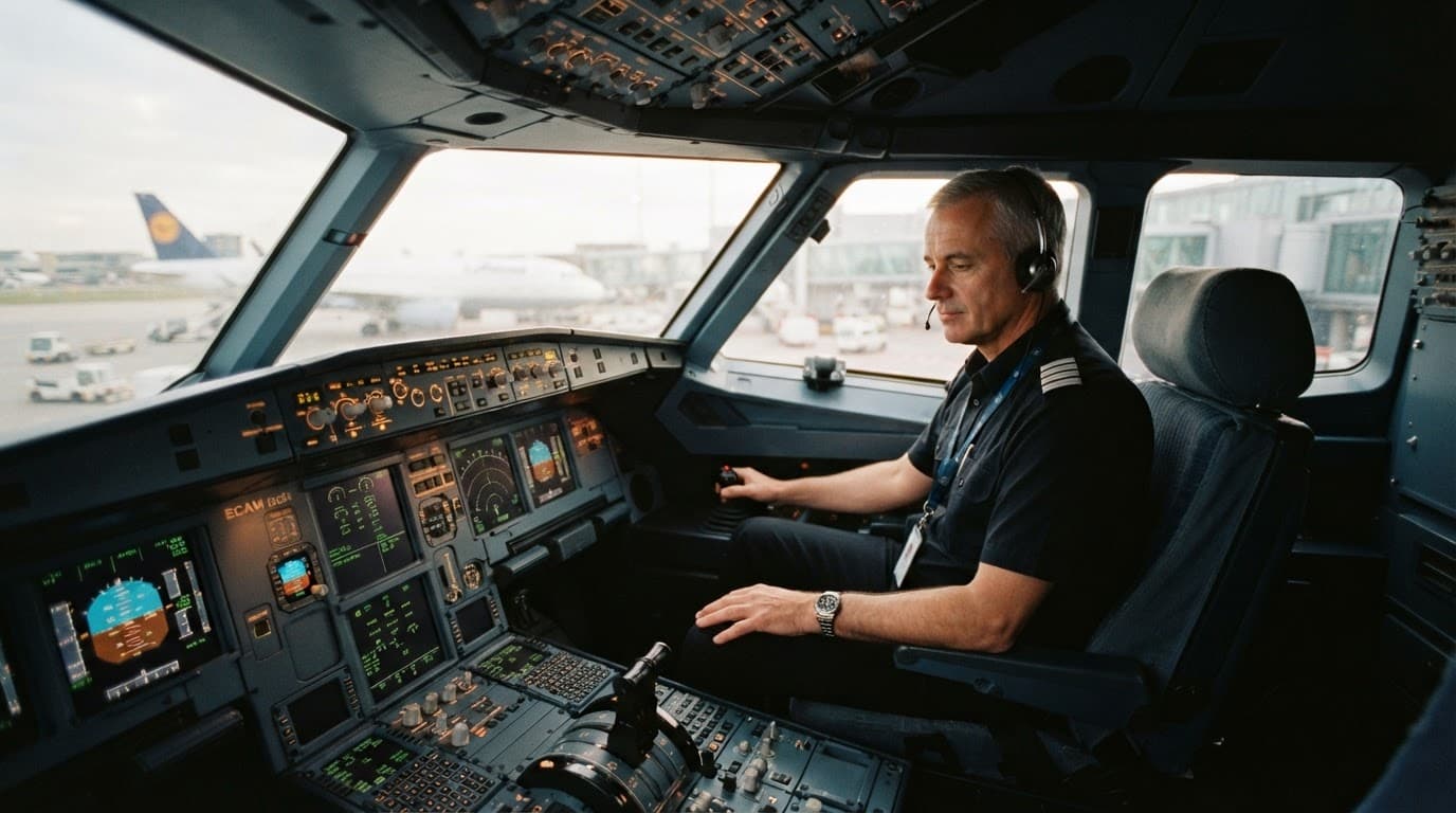 Pilot's-eye view of dual yoke controls in flight, over cloud cover