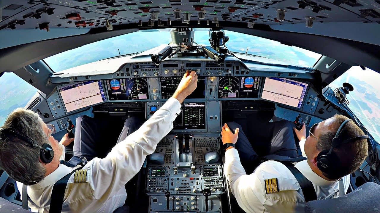Pilot's-eye view of dual yoke controls in flight